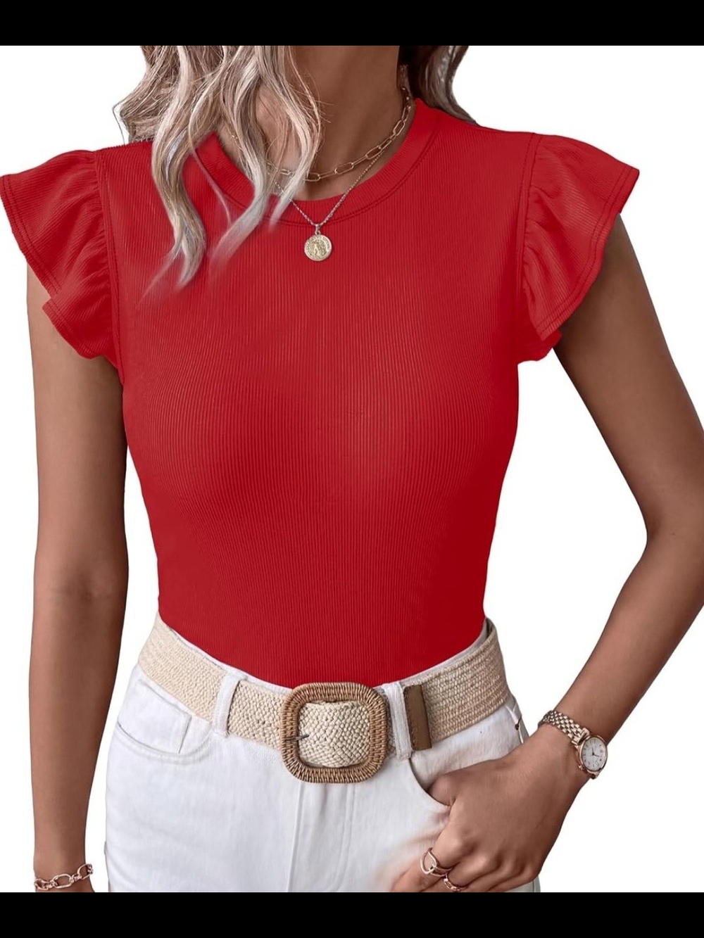 Red Ruffle Sleeve Ribbed Crewneck Top - Picture 2 of 3